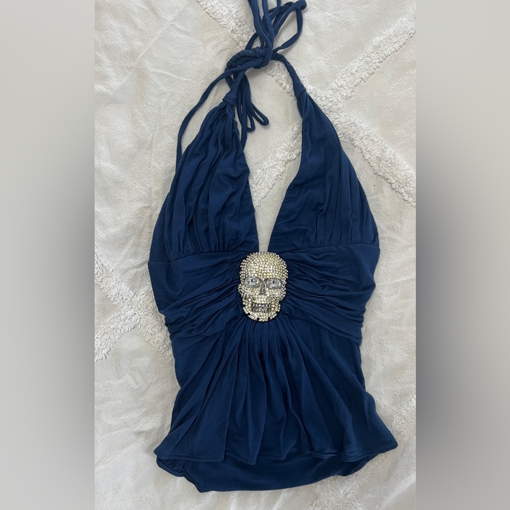 SKY BLUE RHINESTONE SKULL CROP TOP SZ SMALL